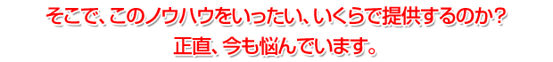 そこで、このノウハウをいったい、いくらで提供するのか？
正直、今も悩んでいます。
