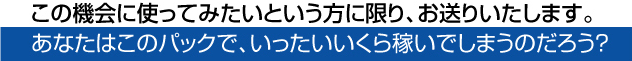 この機会に使ってみたいという方に限り、お送りいたします。 あなたはこのパックで、いったいいくら稼いでしまうのだろう？